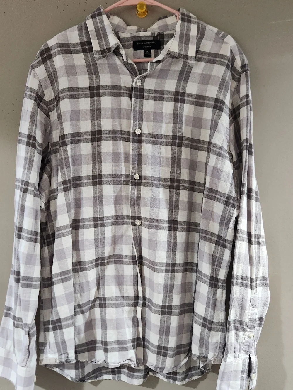 Banana Republic Plaid Button Down Shirt Linen Blend Beige Size XL